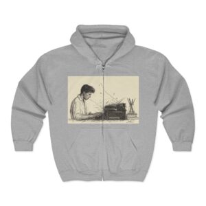zipper hoodie, a man writing on front, page-turners logo on back