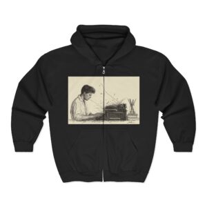 Boo Walker zipper hoodie - a man writing on front; quill logo on back